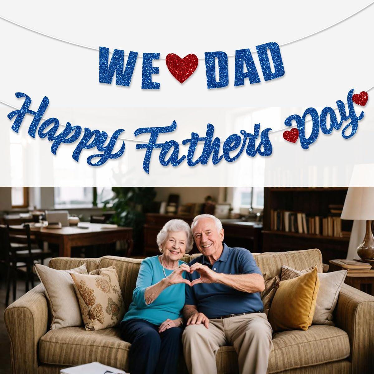 Blue Glitter Father's Day Banner: "We Love Dad", "Dad Ever" Decorations