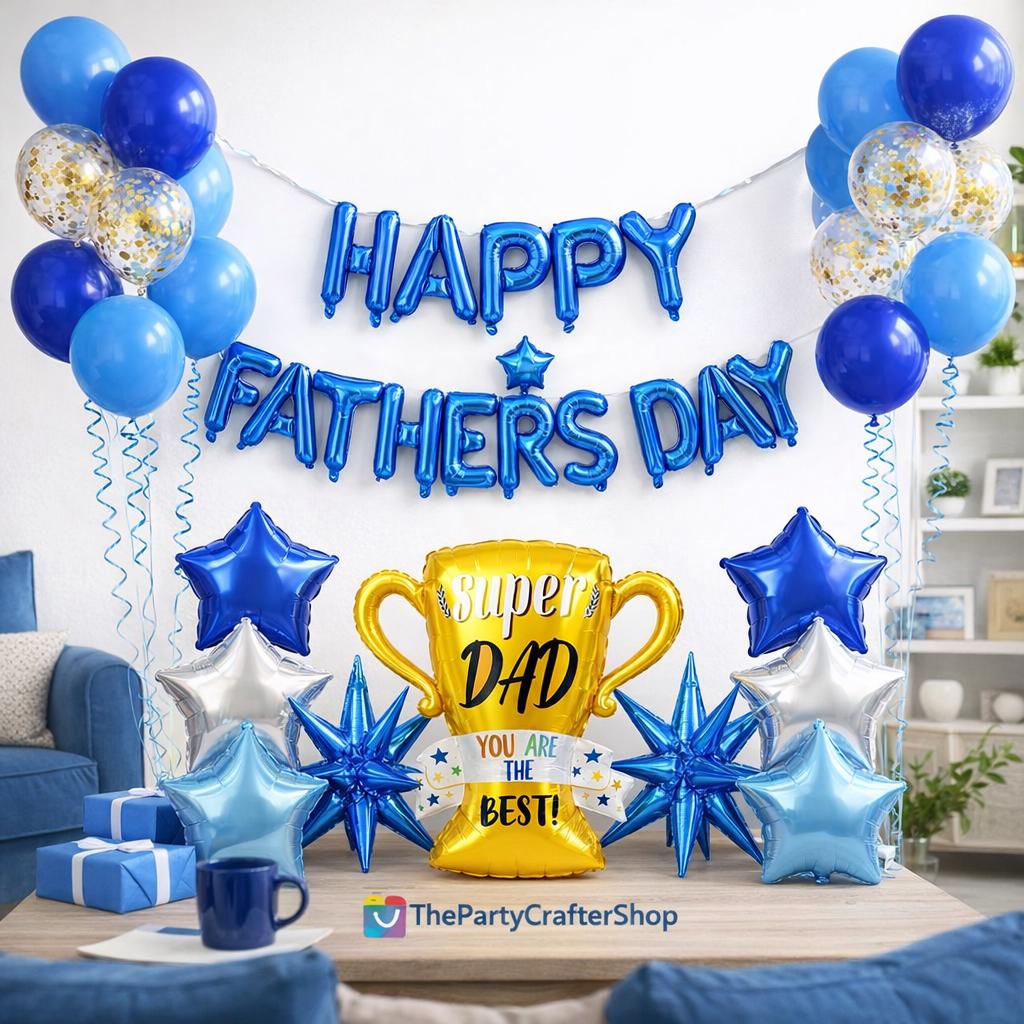 41PCS Father's Day Decorations Set Super Dad Trophy Balloon Banner Blue Theme Party Supplies