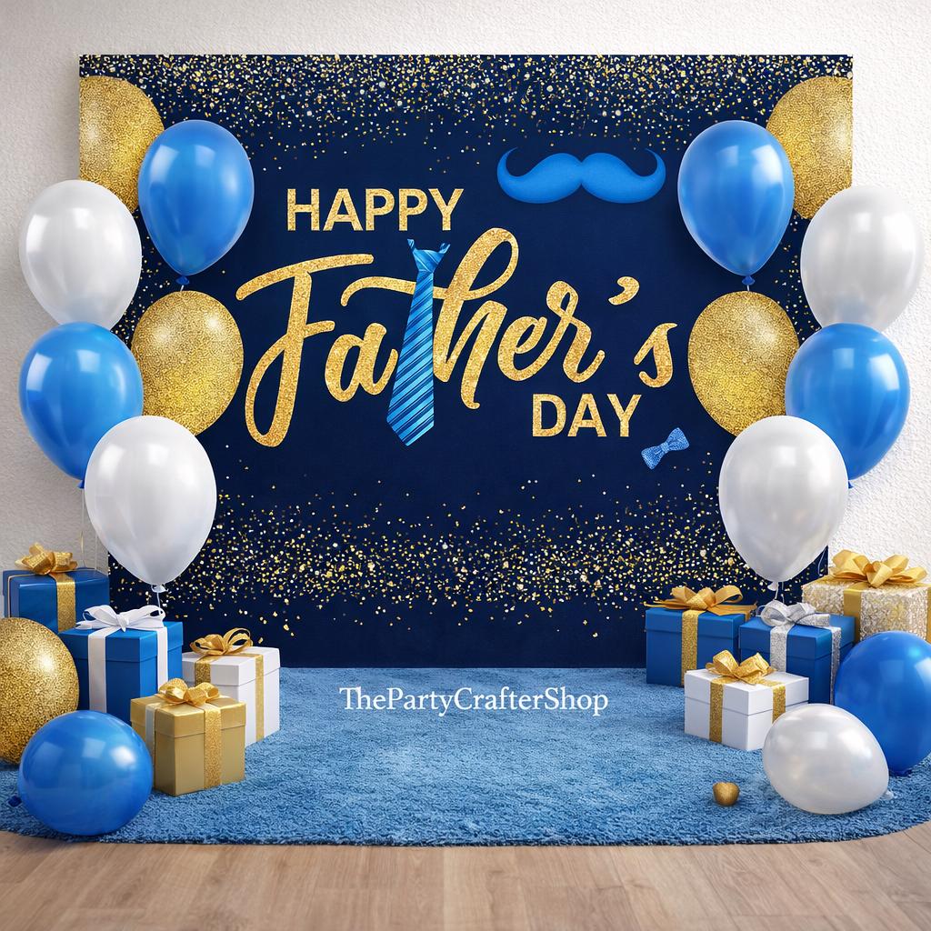 Happy Father's Day Backdrop Banner with Gold Balloons 71x43 Inch Blue Party Decorations