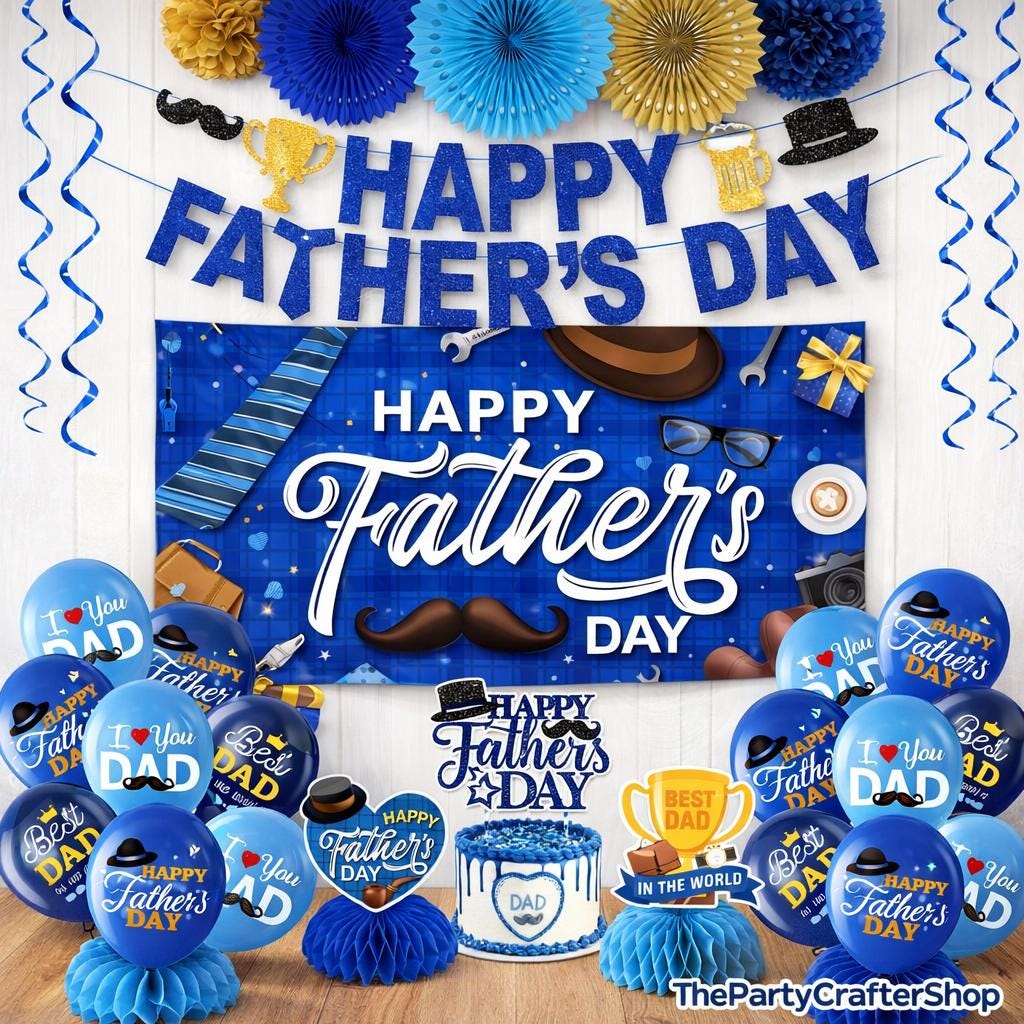 Father's Day Decorations Set Banner Backdrop Balloons Honeycombs Swirls Cake Topper Party Supplies