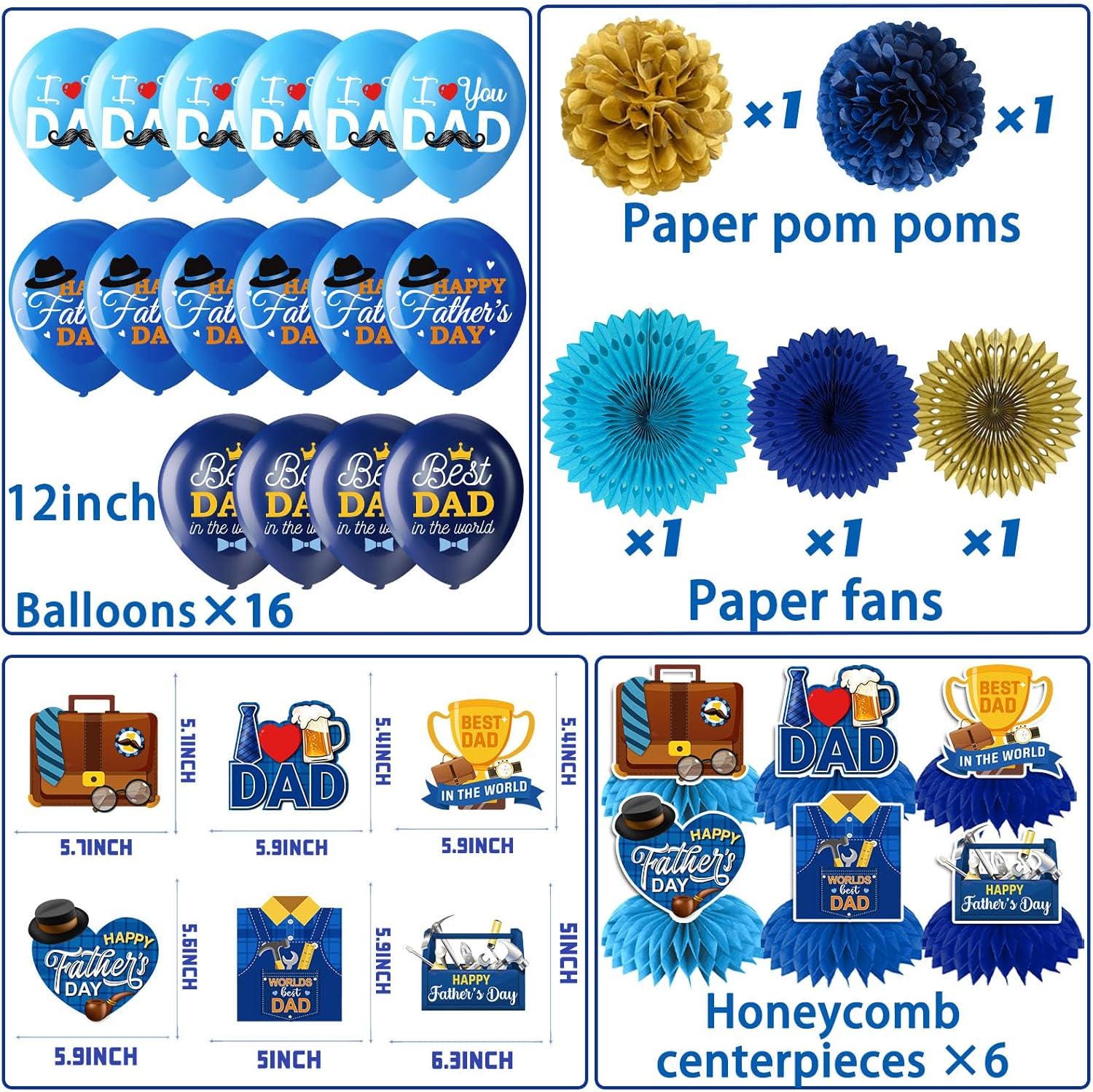 Father's Day Decorations Set Banner Backdrop Balloons Honeycombs Swirls Cake Topper Party Supplies