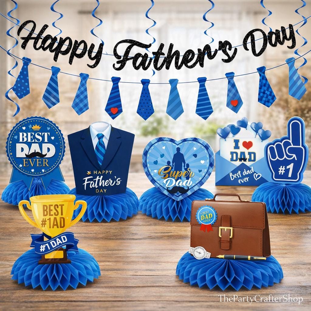 Father's Day Decorations Set: Banner, Bow Tie Garland, Honeycomb Centerpieces