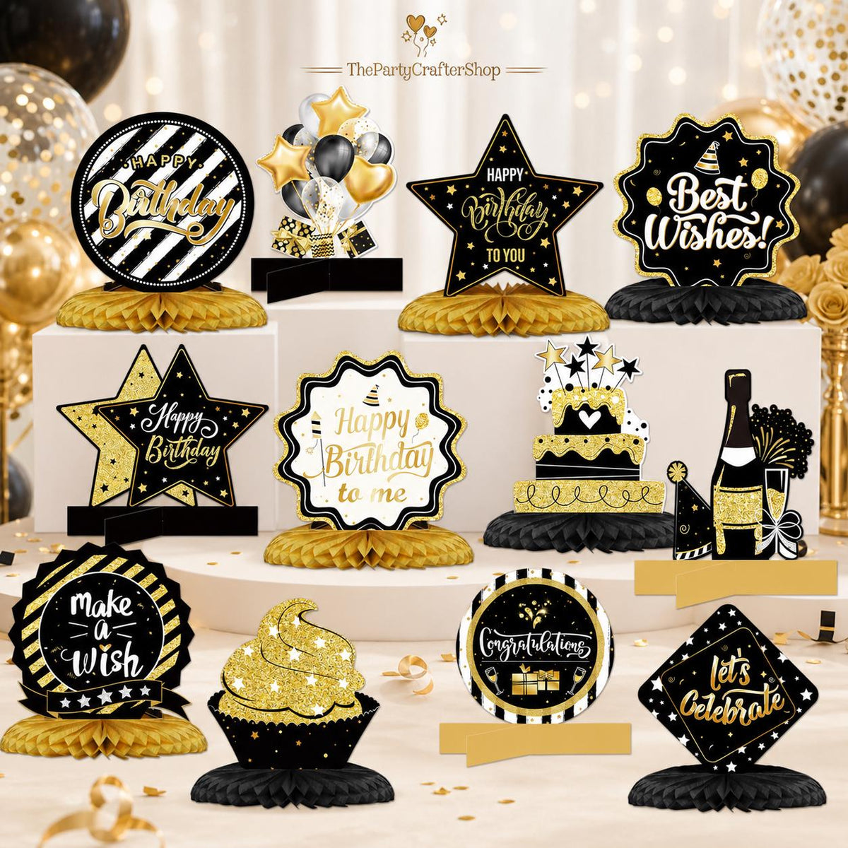 Gold Black Birthday Table Centerpieces 12 Pcs Honeycomb Party Decorations
