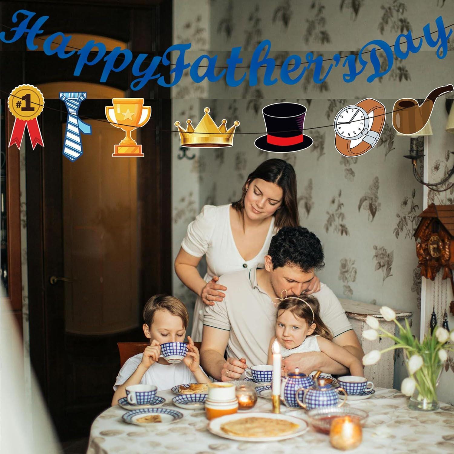 Father's Day Party Decorations Set: Banner, Swirls, Blue Pom Poms for Dad