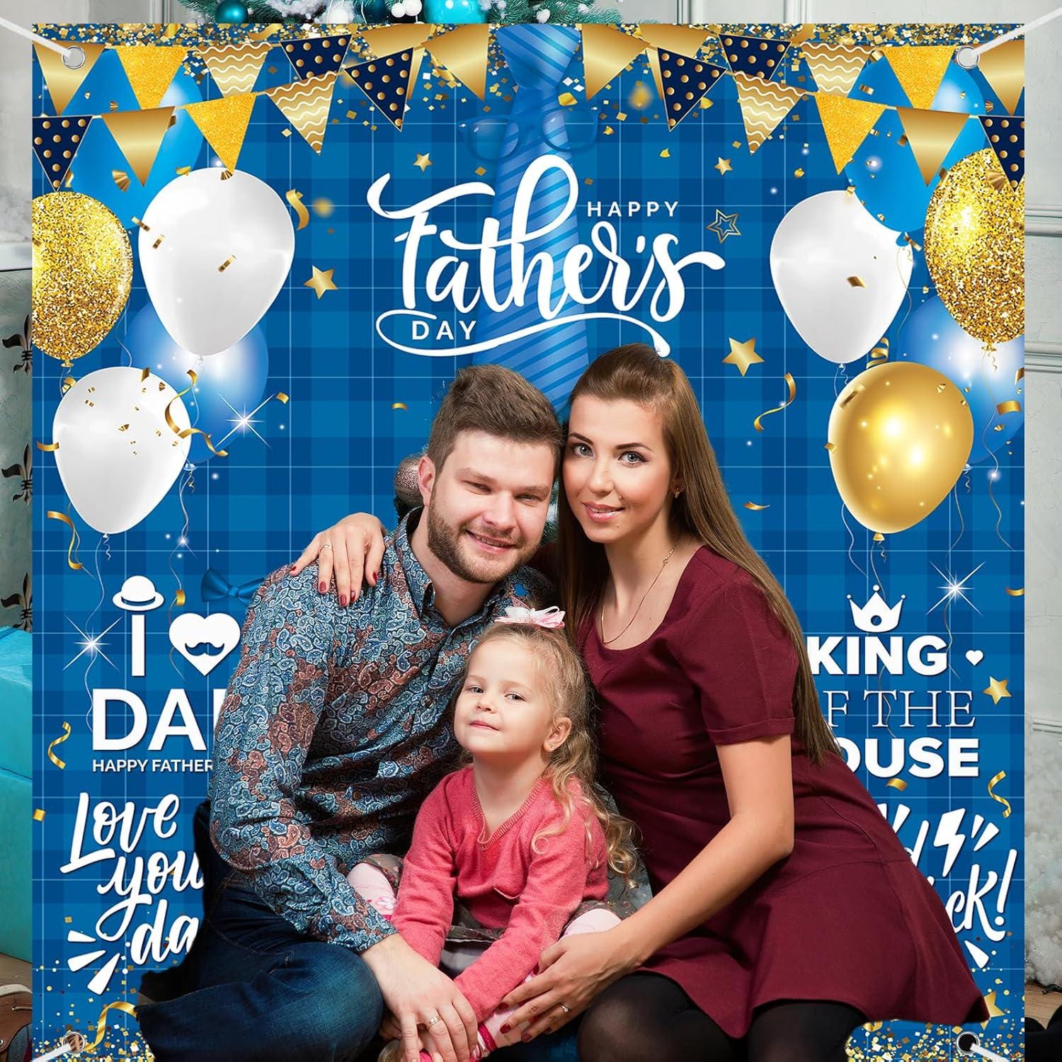 Happy Father's Day Blue Grid Photo Booth Backdrop Banner (71x78 Inch) Party Decorations