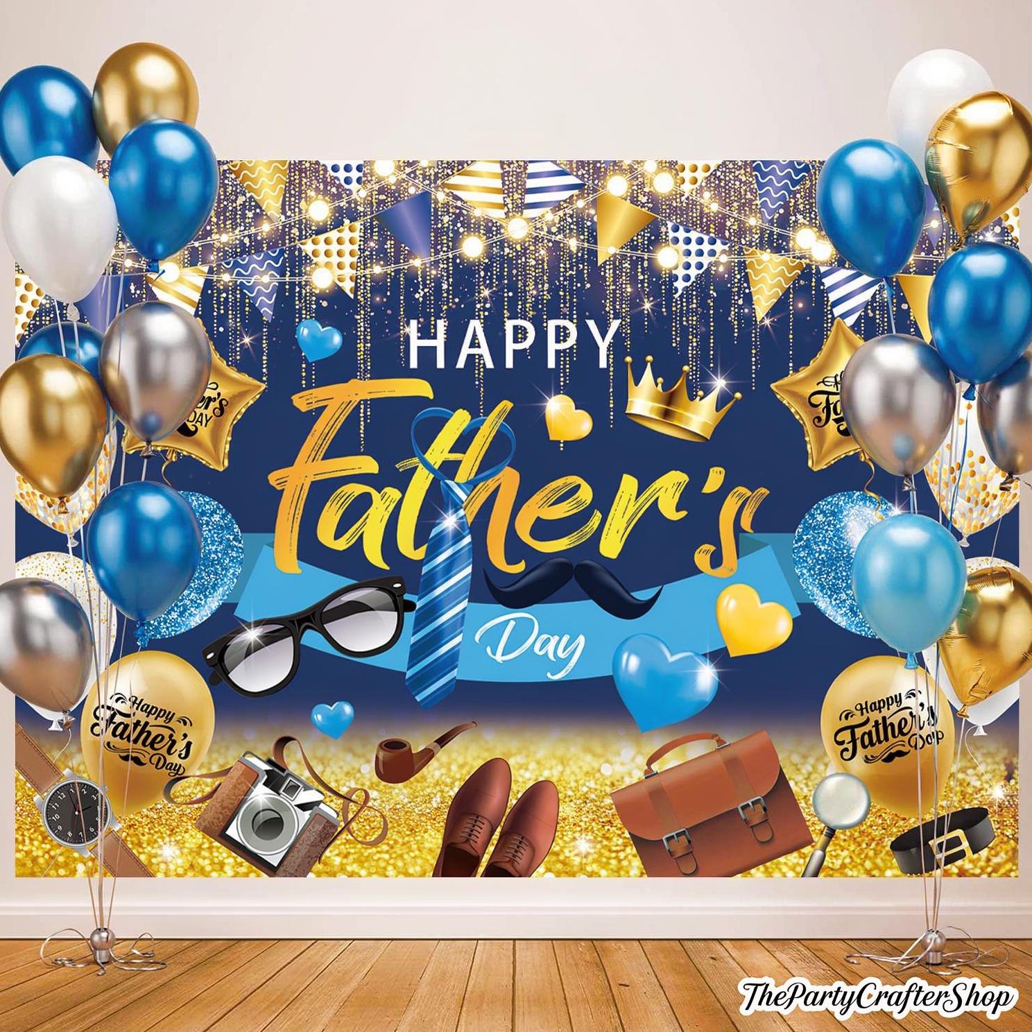 7x5FT Happy Father's Day Backdrop Navy Blue Gold Glitter Tie Mustache Photo Booth Banner