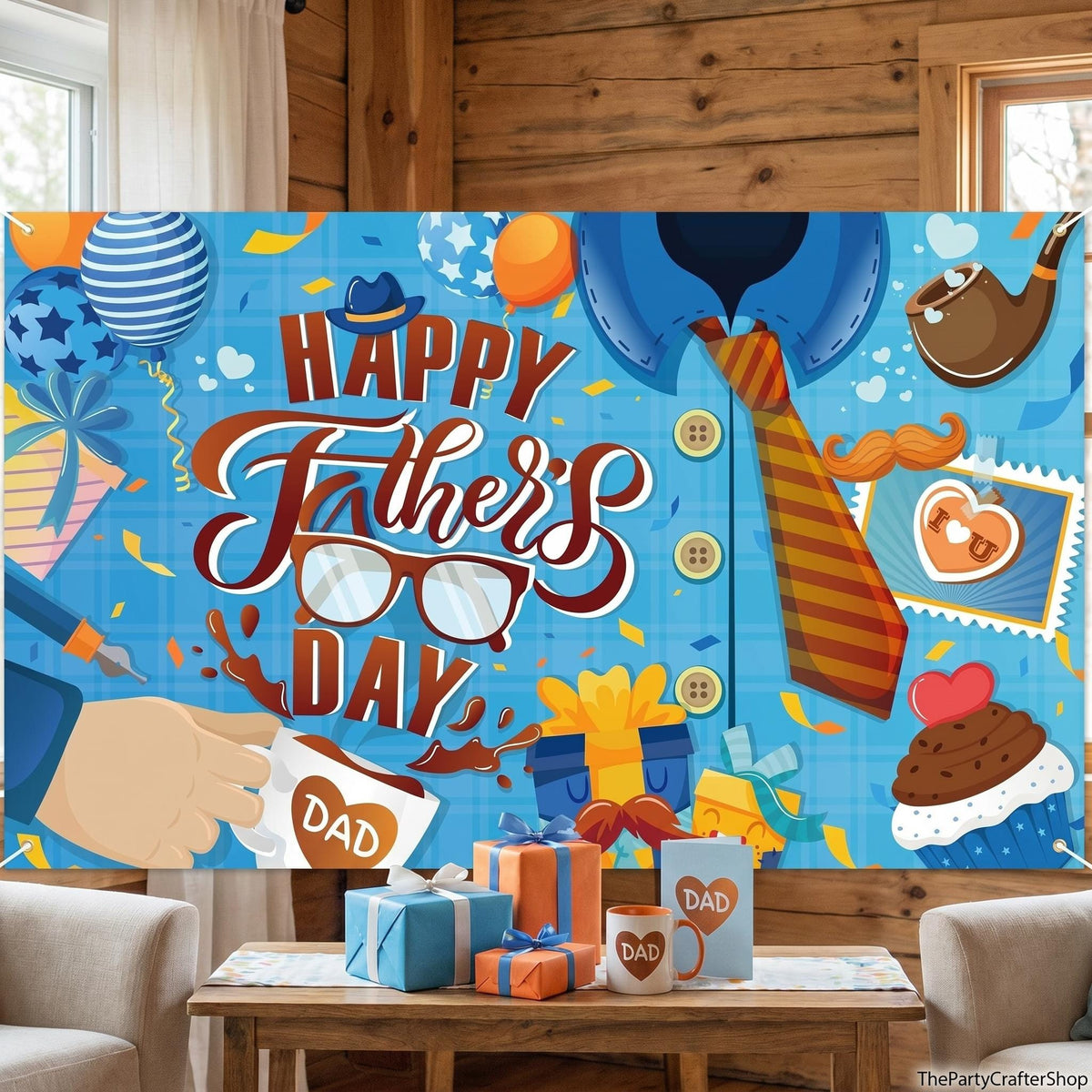 Happy Father's Day Blue Fabric Backdrop Banner with Tie & I Love You Dad Design 185x110cm