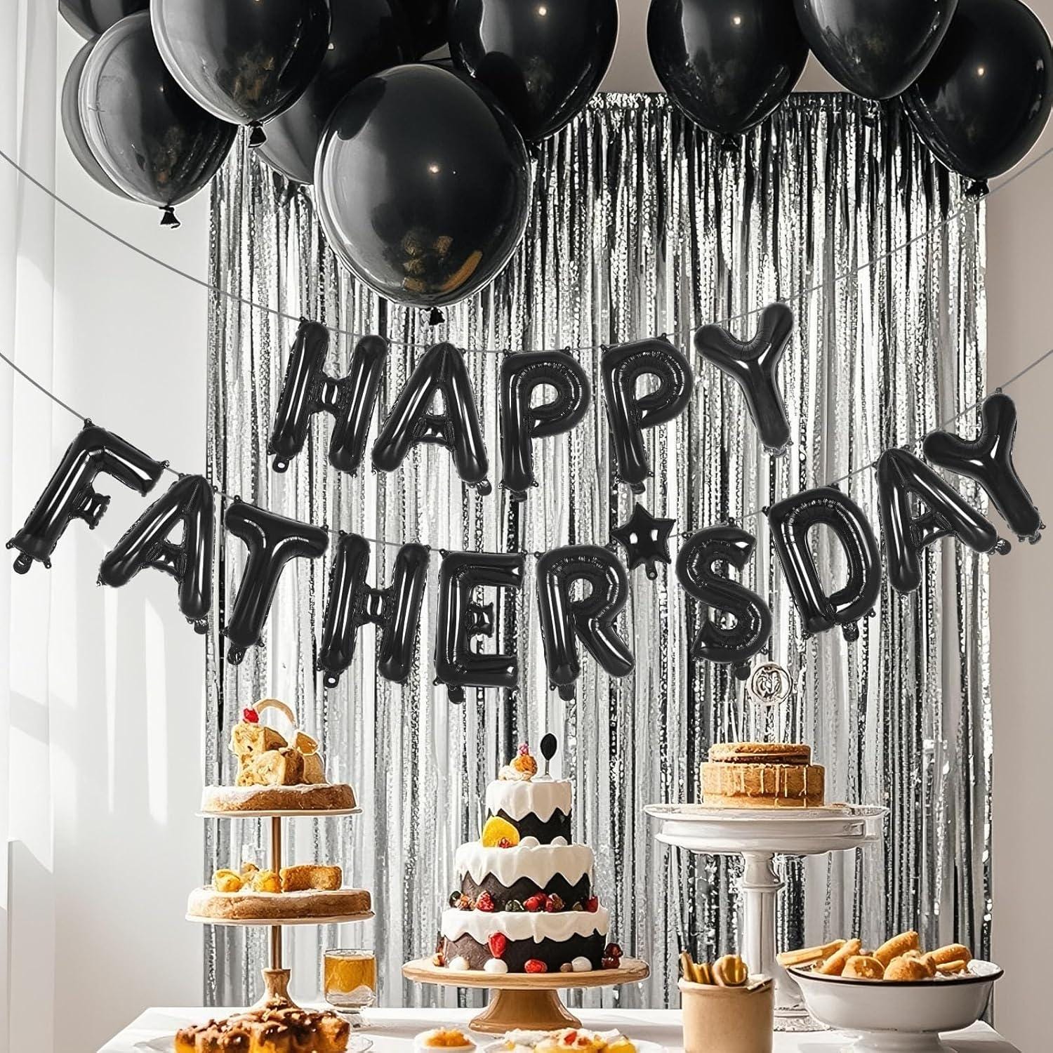 Black Happy Father's Day Balloon Banner Set Party Decorations with Backdrop for Dad Celebration