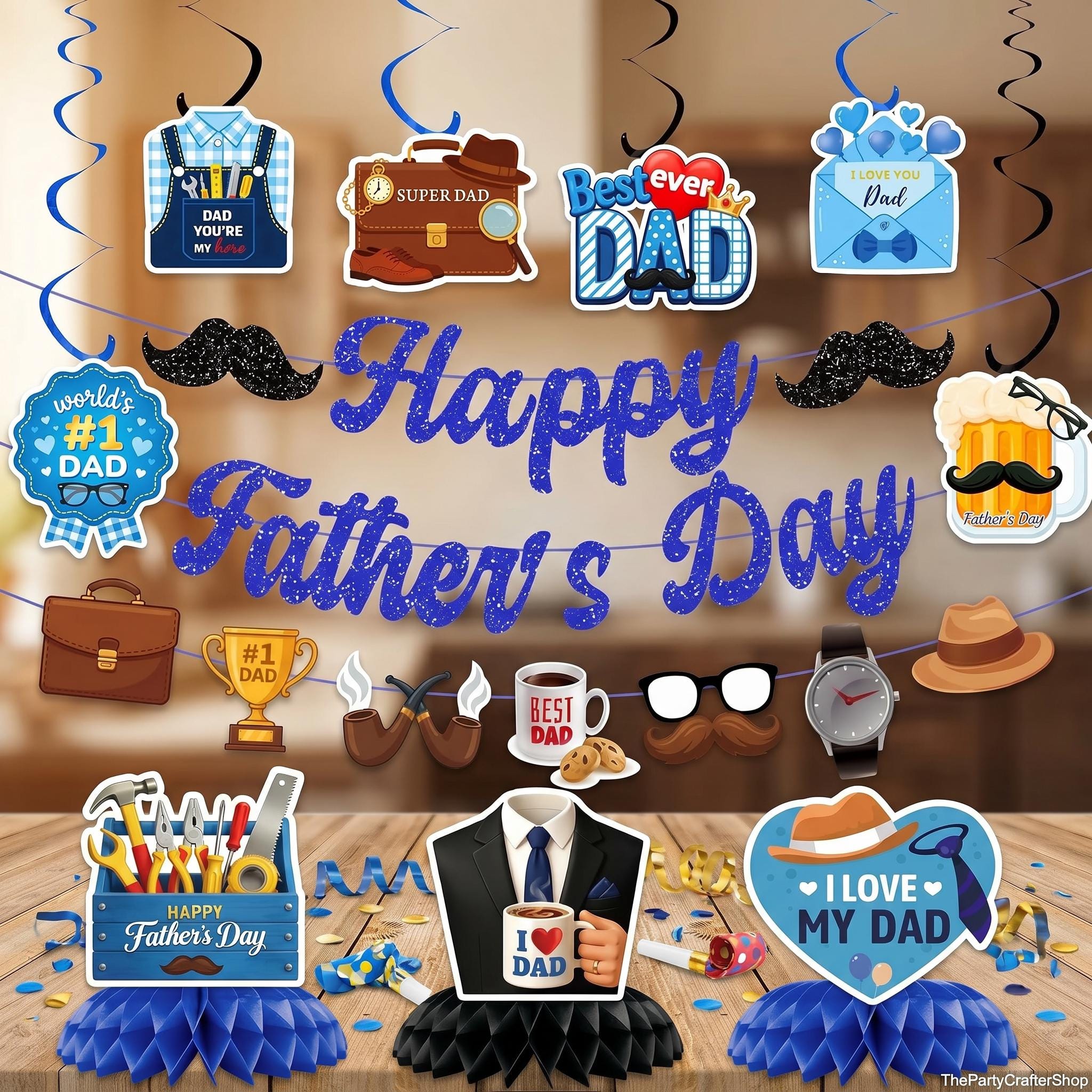 Father's Day Decorations Set Happy Father's Day Banner Hanging Swirls 3D Centerpieces Best Dad Ever Party Supplies