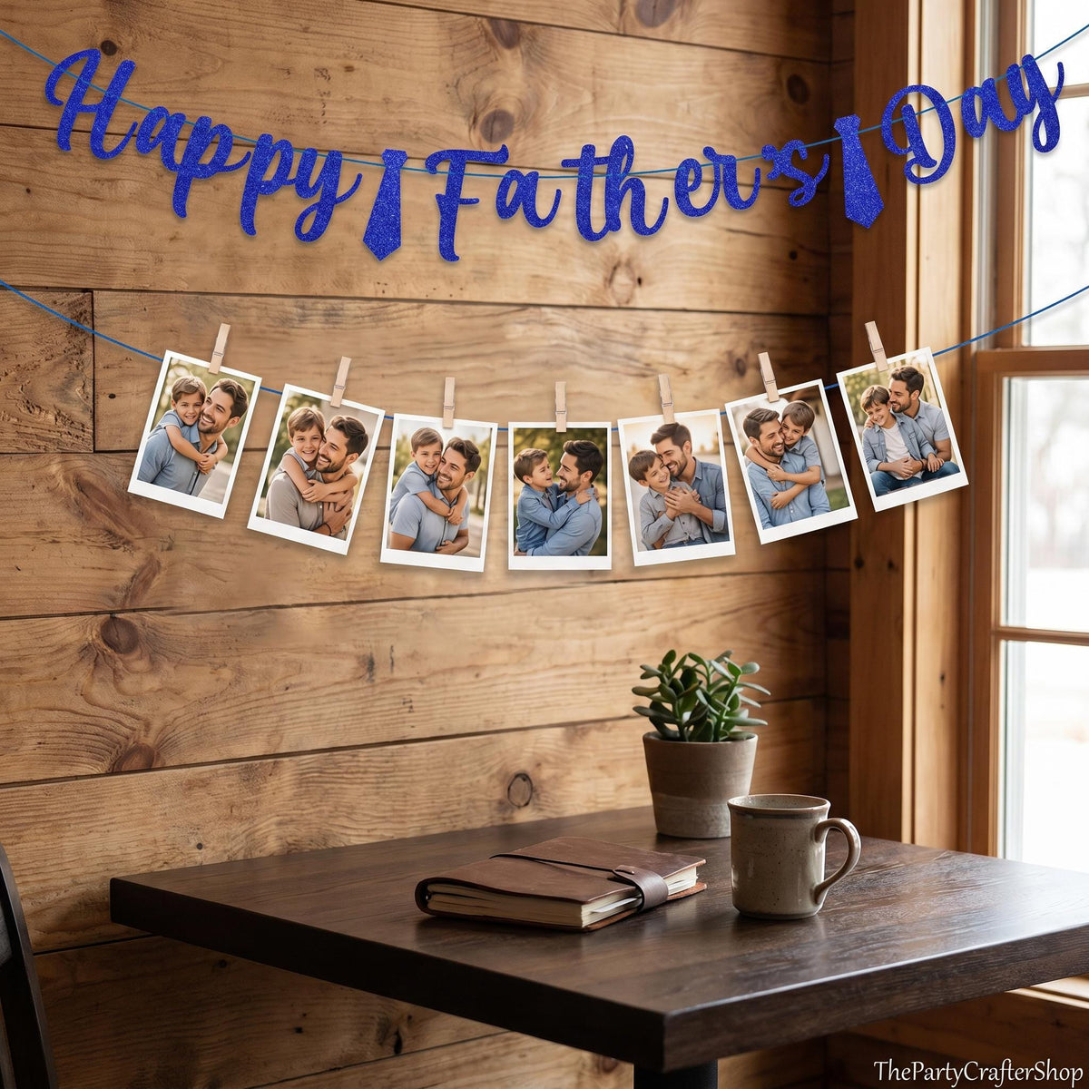 Happy Father's Day Photo Garland Banner with Wooden Clips Blue Glitter Tie Decorations for Dad