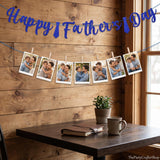 Happy Father's Day Photo Garland Banner with Wooden Clips Blue Glitter Tie Decorations for Dad