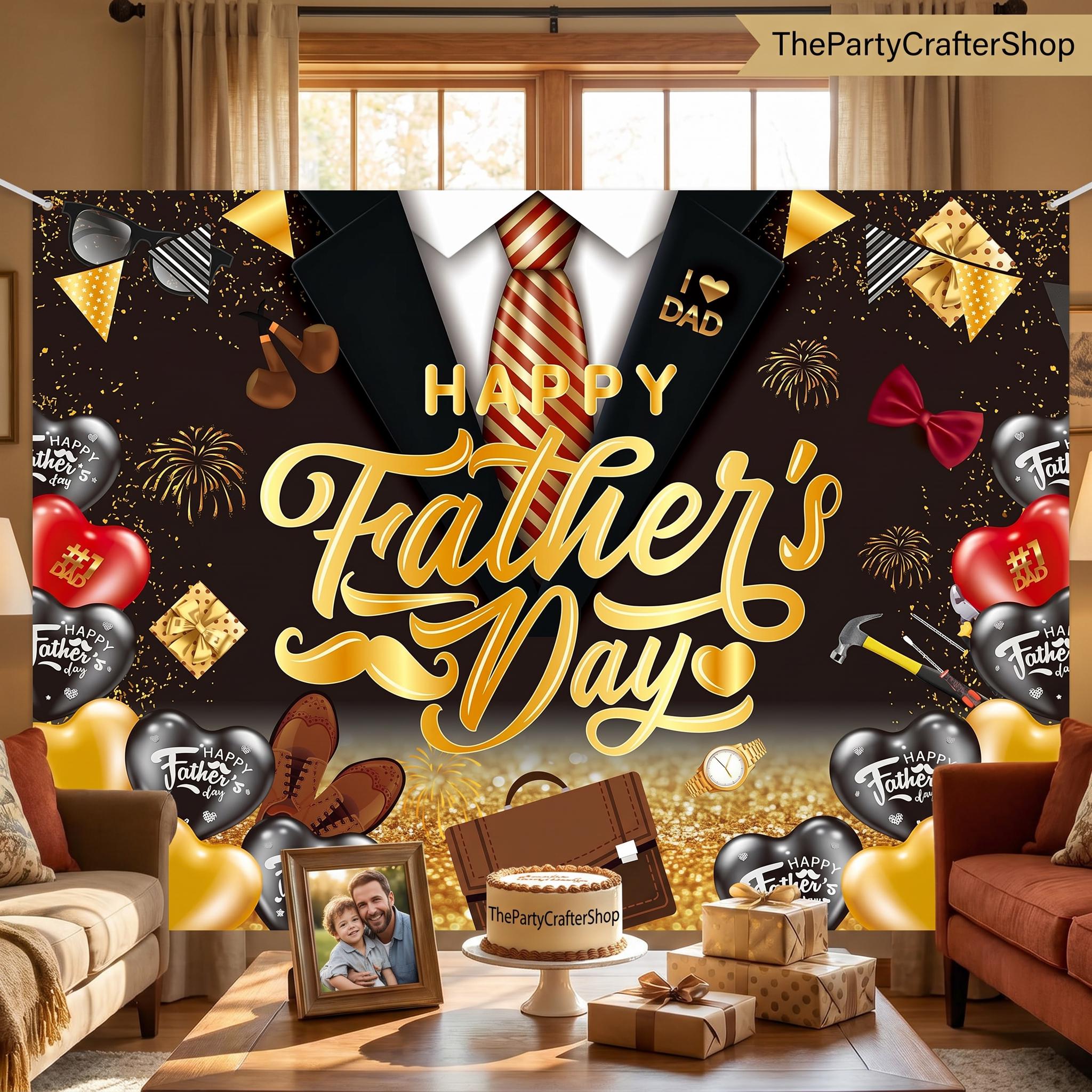 7x5FT Happy Father's Day Backdrop I Love Dad Black Gold Balloons Best Dad Ever Photo Booth Banner