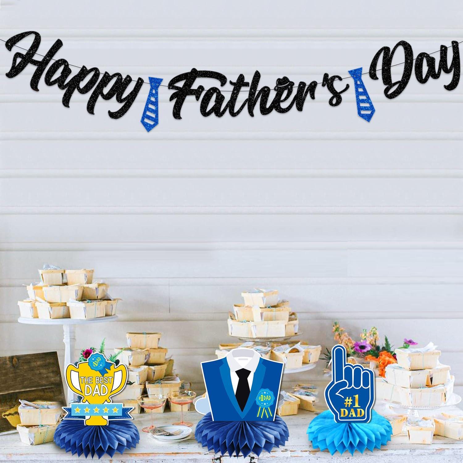 Happy Father's Day Banner & 3D Honeycomb Centerpiece Set Double-Sided Table Decorations for Dad