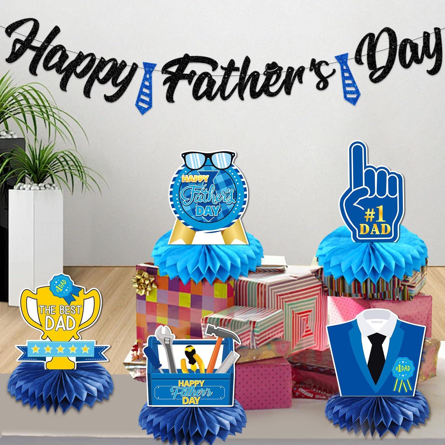 Happy Father's Day Banner & 3D Honeycomb Centerpiece Set Double-Sided Table Decorations for Dad