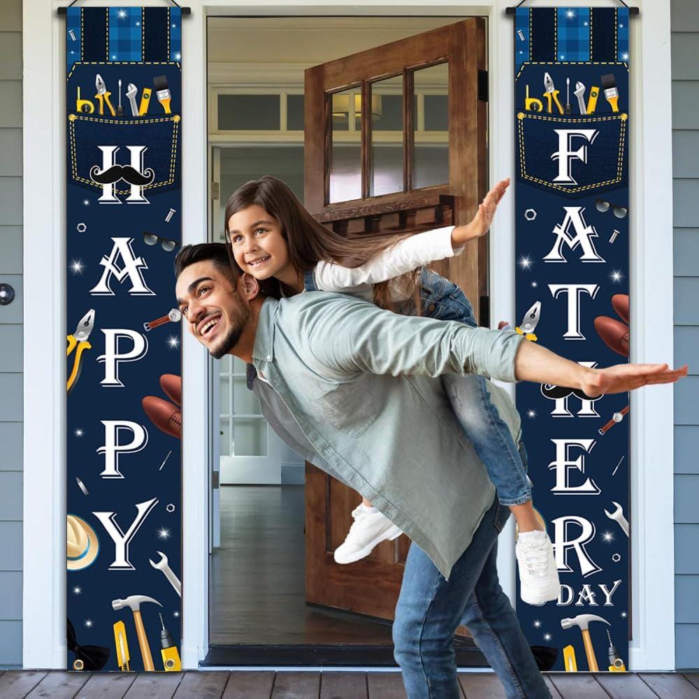 Happy Father's Day Blue Porch Sign Banner Hanging Door Decorations for Dad Party Supplies