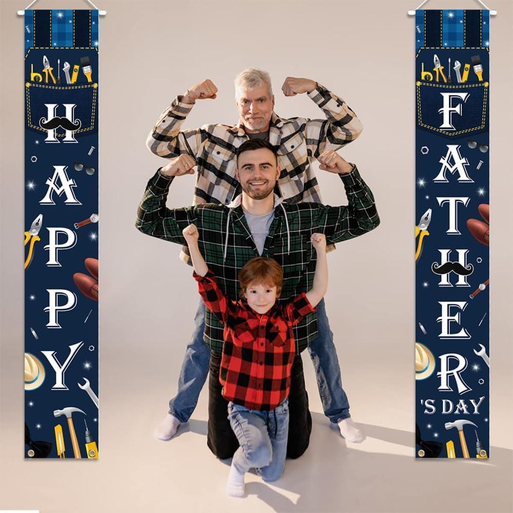 Happy Father's Day Blue Porch Sign Banner Hanging Door Decorations for Dad Party Supplies
