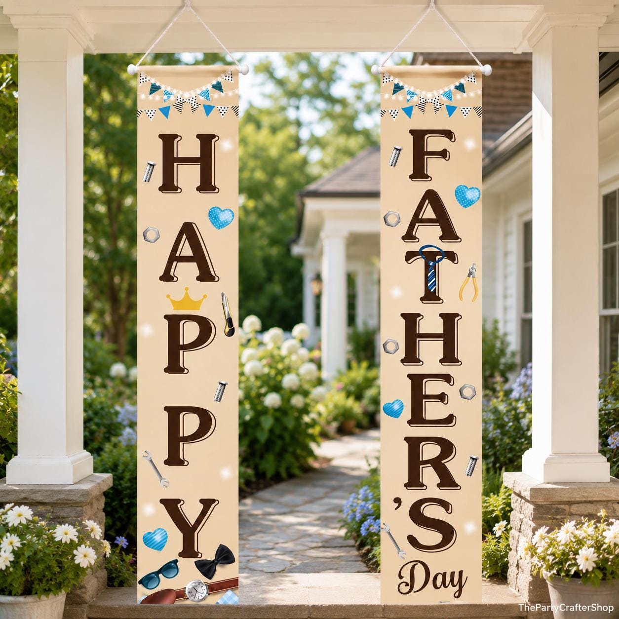 2PCS Happy Father's Day Porch Banners Front Door Hanging Signs for Dad Birthday Retirement Celebration