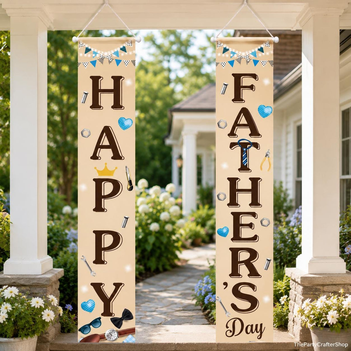 2PCS Happy Father's Day Porch Banners Front Door Hanging Signs for Dad Birthday Retirement Celebration