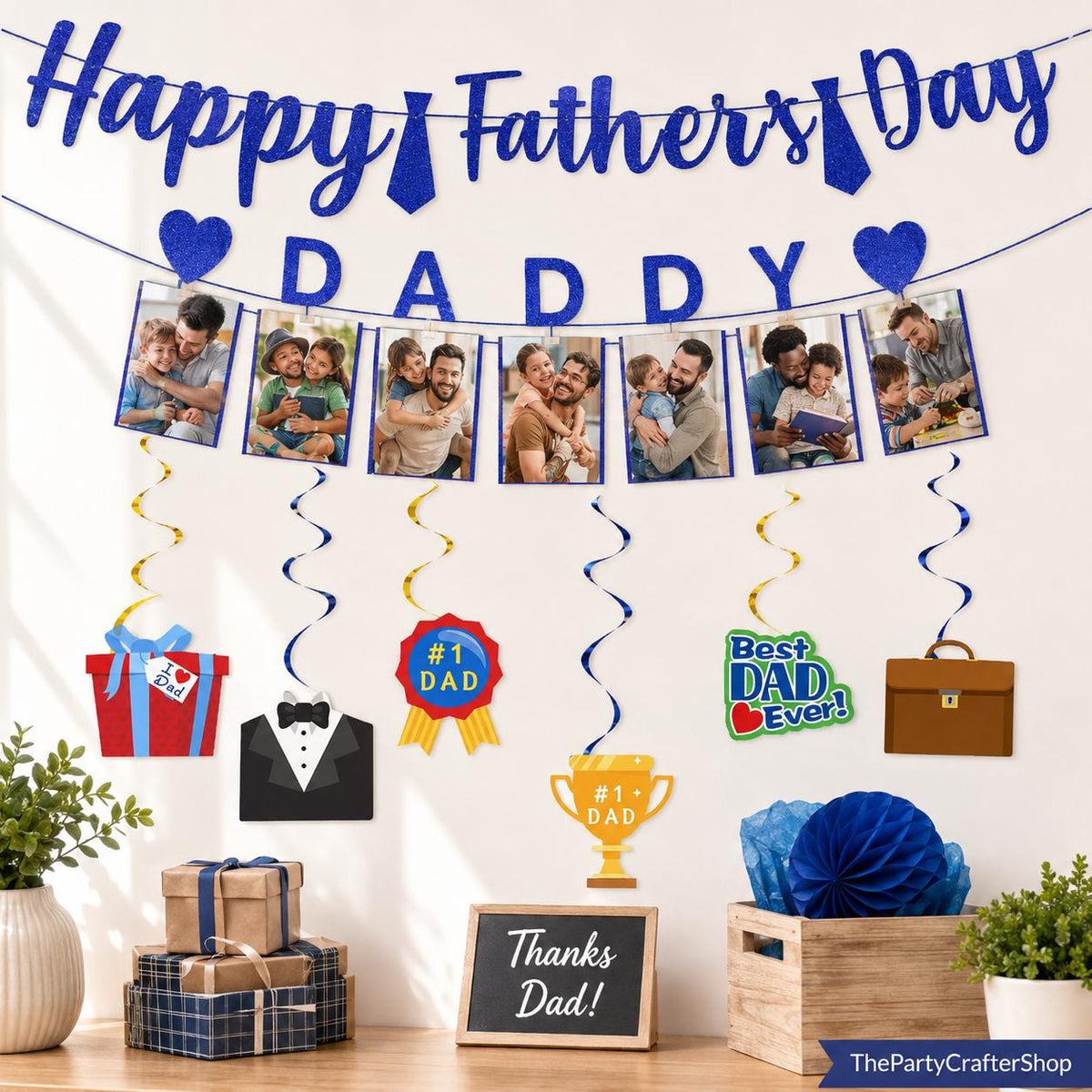Happy Father's Day Banner Photo Display Garland with 6 Hanging Swirls Party Decorations for Dad