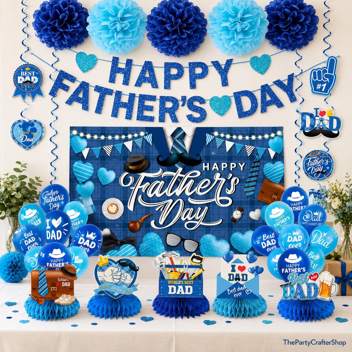 Blue Happy Father's Day Decoration Set Banner Backdrop Balloons Hanging Swirls Centerpieces