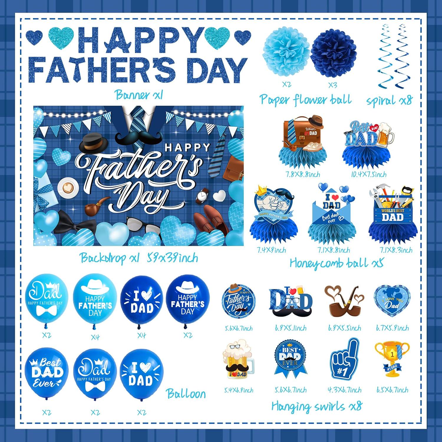 Blue Happy Father's Day Decoration Set Banner Backdrop Balloons Hanging Swirls Centerpieces