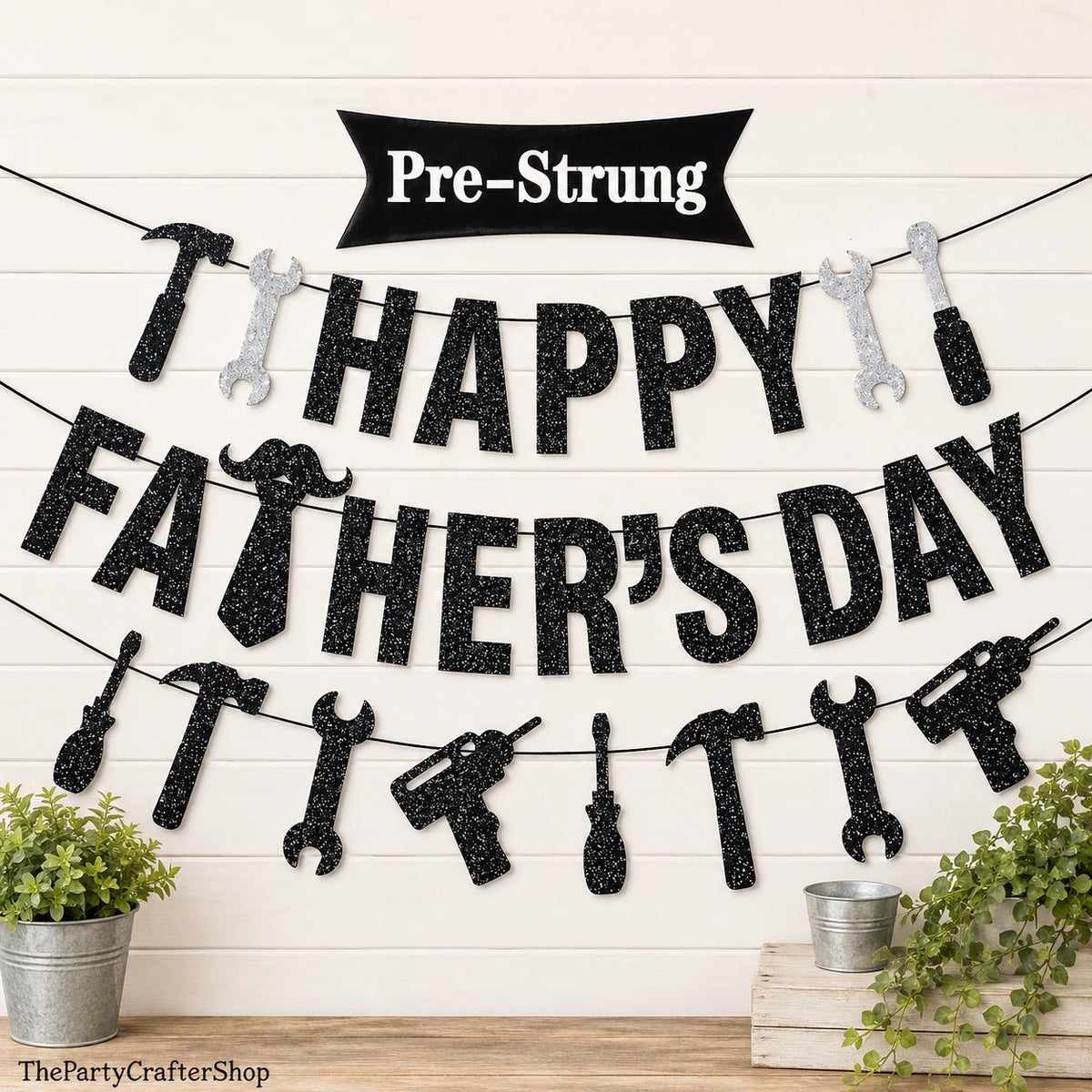Pre-Strung Happy Father's Day Glitter Banner with Tools Garland for Dad Grandpa Papa Party Decorations