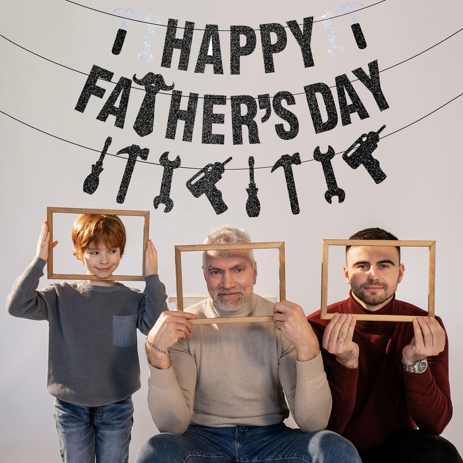 Pre-Strung Happy Father's Day Glitter Banner with Tools Garland for Dad Grandpa Papa Party Decorations