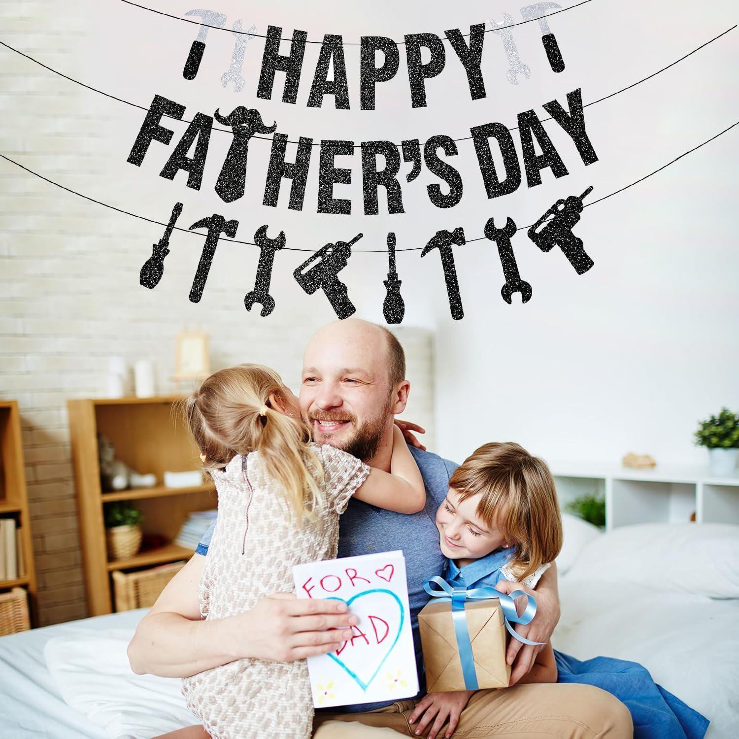 Pre-Strung Happy Father's Day Glitter Banner with Tools Garland for Dad Grandpa Papa Party Decorations