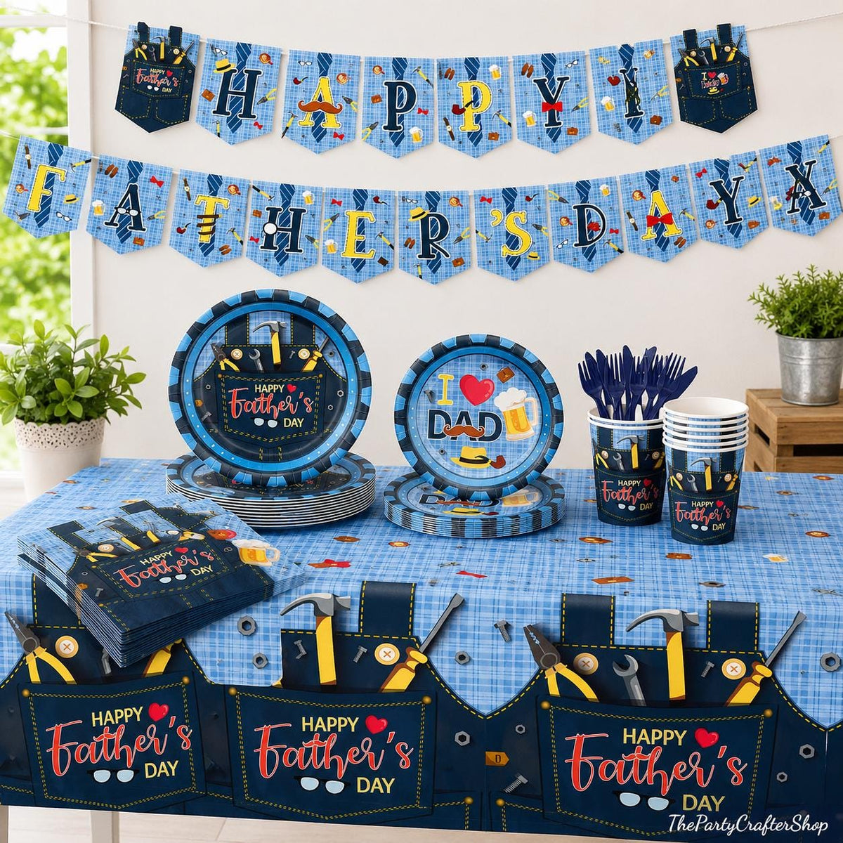 142PCS Father's Day Party Tableware Set Banner Plates Cups Tablecloth I Love Dad Dinner Supplies