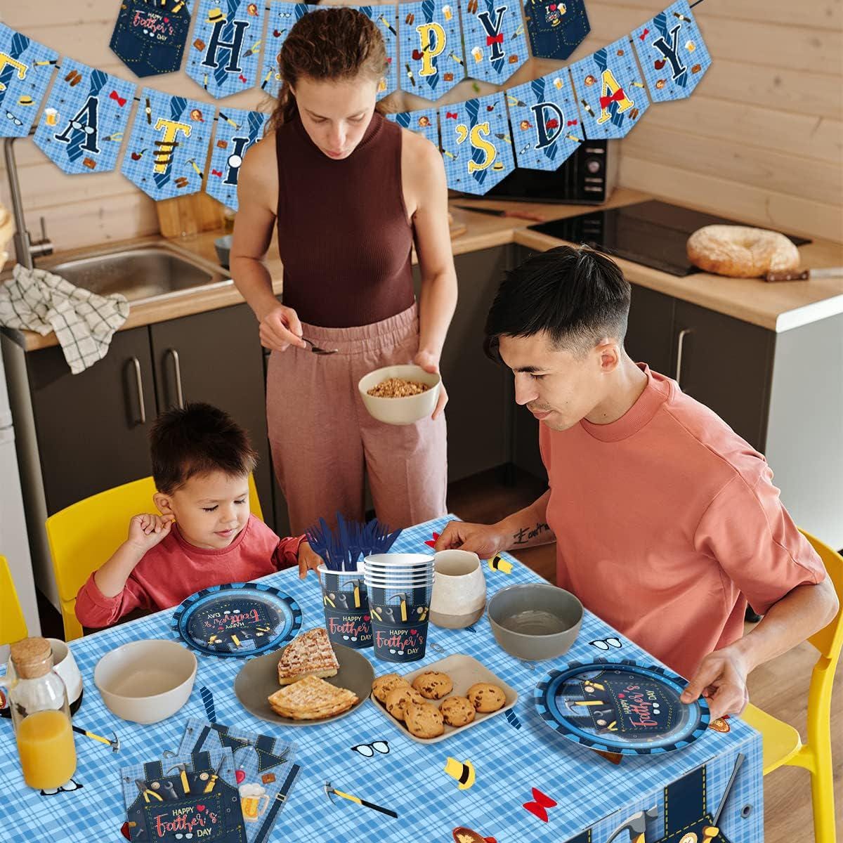 142PCS Father's Day Party Tableware Set Banner Plates Cups Tablecloth I Love Dad Dinner Supplies
