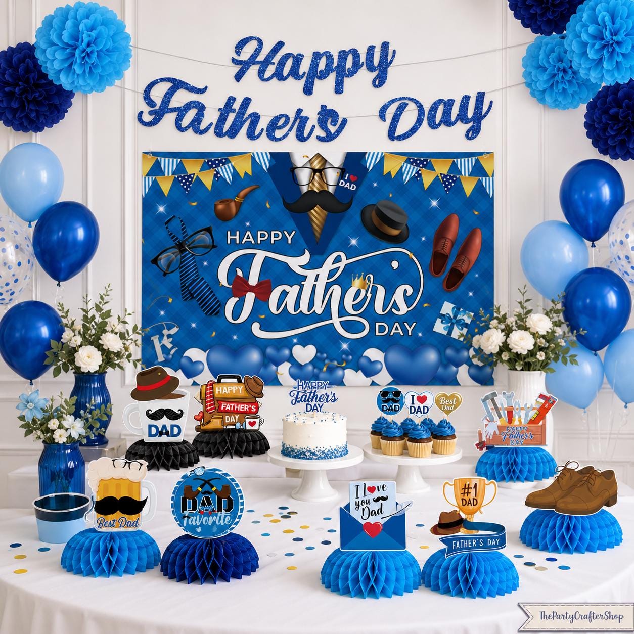 Father's Day Decoration Set Banner Backdrop Hanging Swirls Honeycomb Centerpieces Best Dad Ever Party Supplies