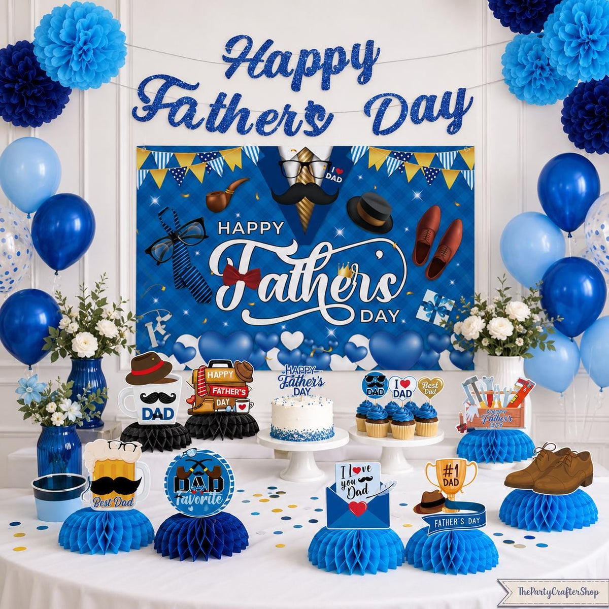 Father's Day Decoration Set Banner Backdrop Hanging Swirls Honeycomb Centerpieces Best Dad Ever Party Supplies