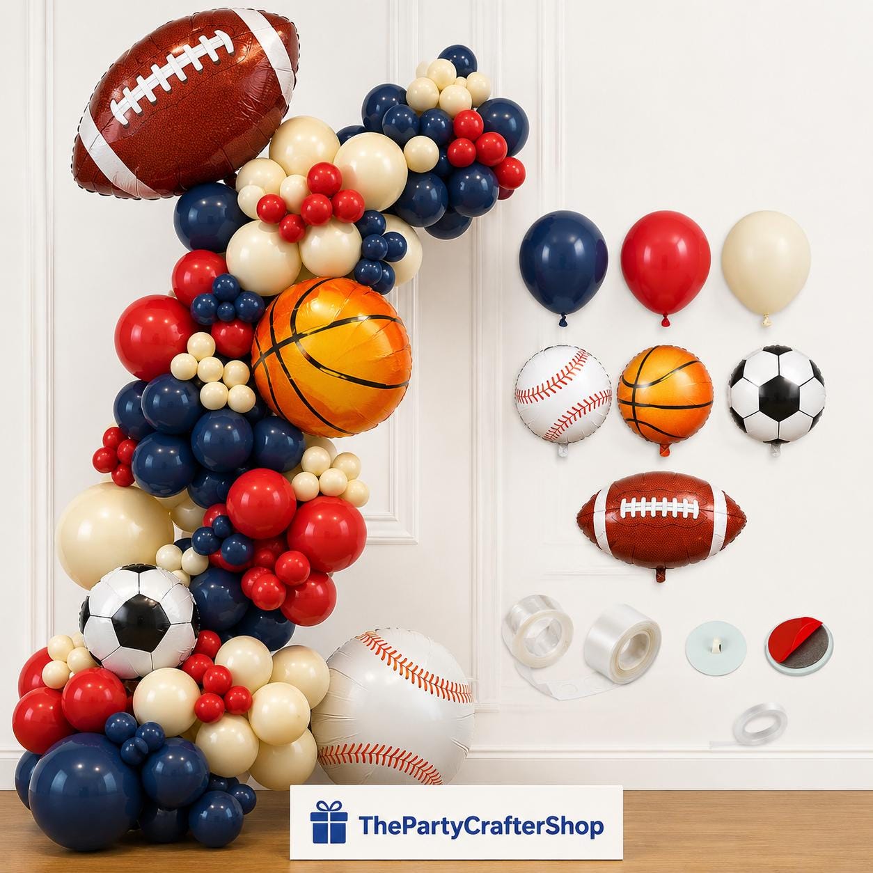 Sports Theme Balloon Arch Kit: Navy, Red, Sand Colors for Parties