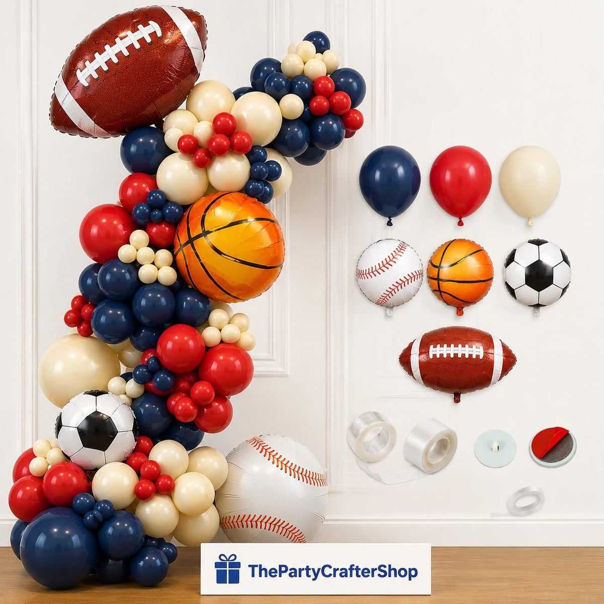 Sports Theme Balloon Arch Kit: Navy, Red, Sand Colors for Parties