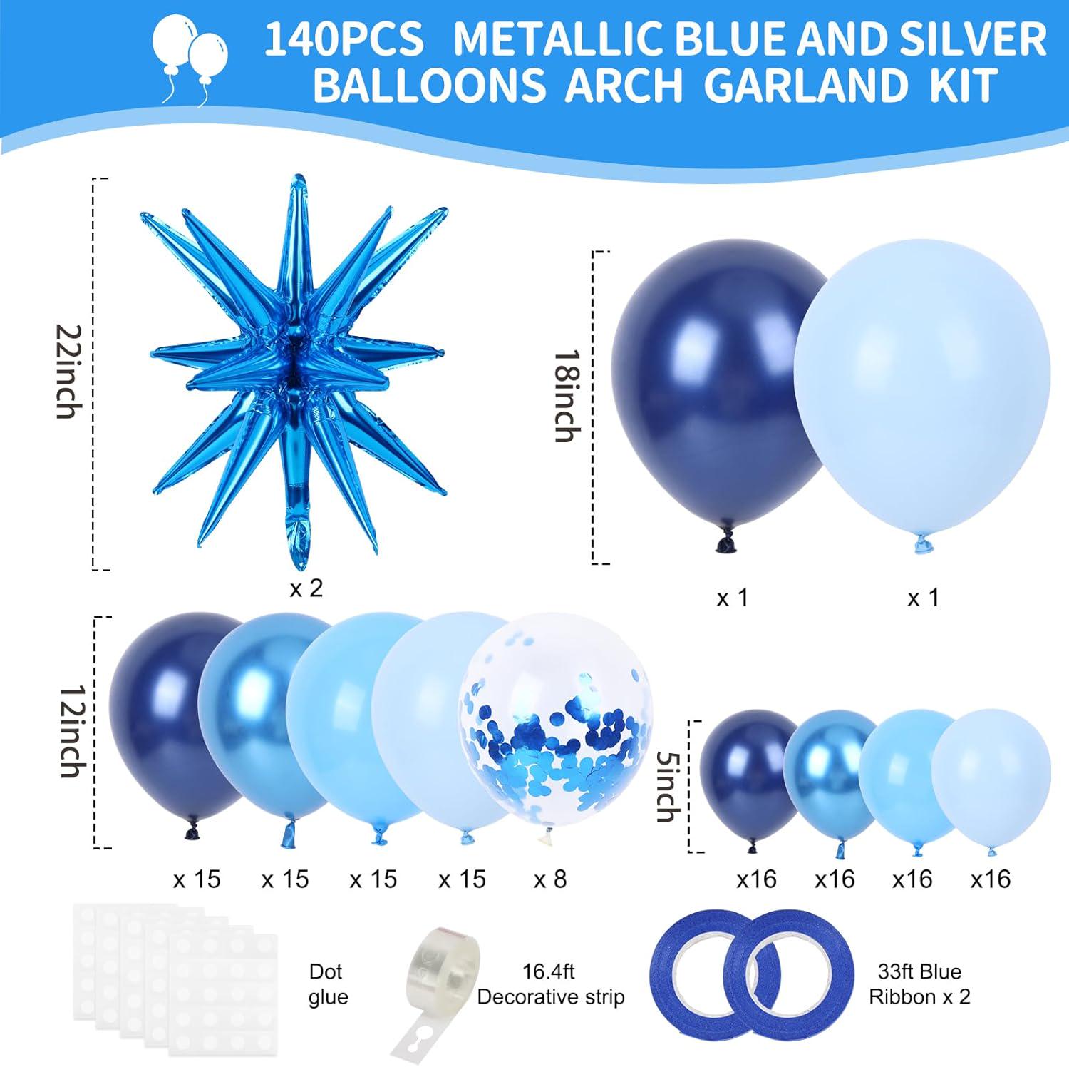 140PCS Blue Balloon Arch Kit Metallic Confetti Star Latex Party Decorations Father’s Day Graduation