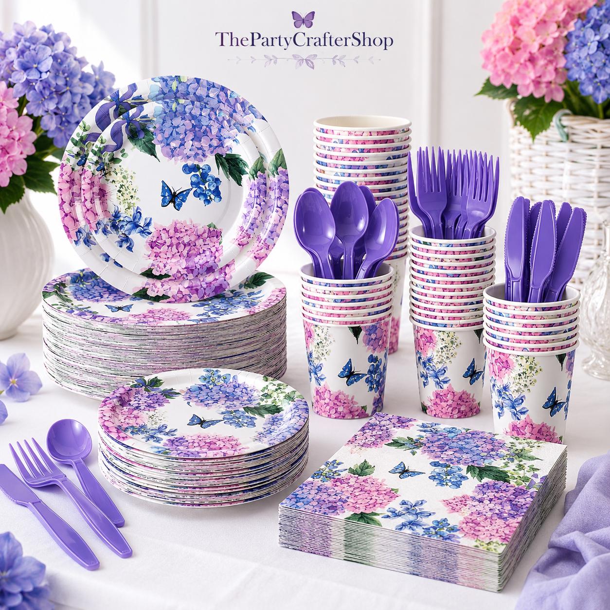 400PCS Hydrangea Floral Party Dinnerware Set Plates & Napkins Bridal Shower Baby Shower Supplies