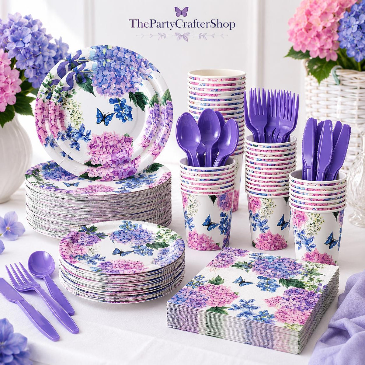 400PCS Hydrangea Floral Party Dinnerware Set Plates & Napkins Bridal Shower Baby Shower Supplies