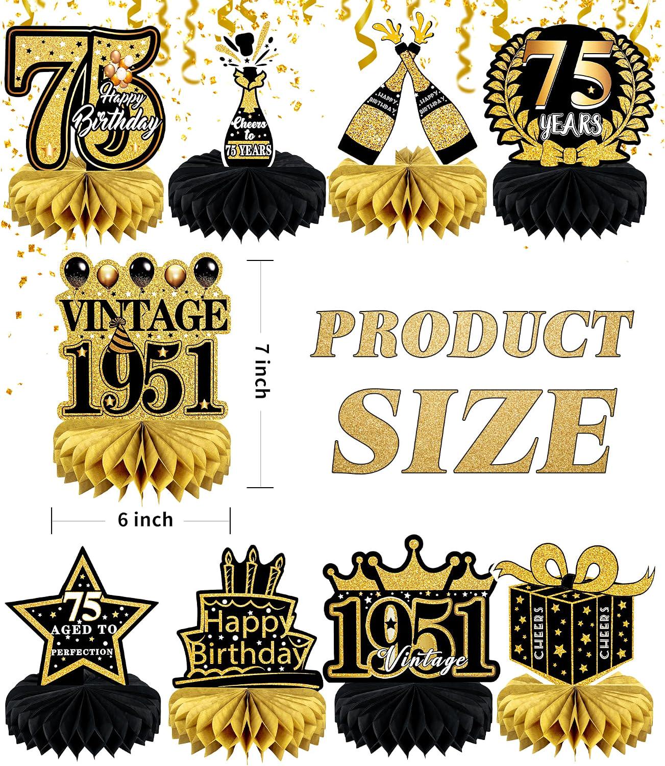 9PCS 75th Birthday Decorations Black Gold Honeycomb Centerpieces Cheers to 1950 Party Supplies