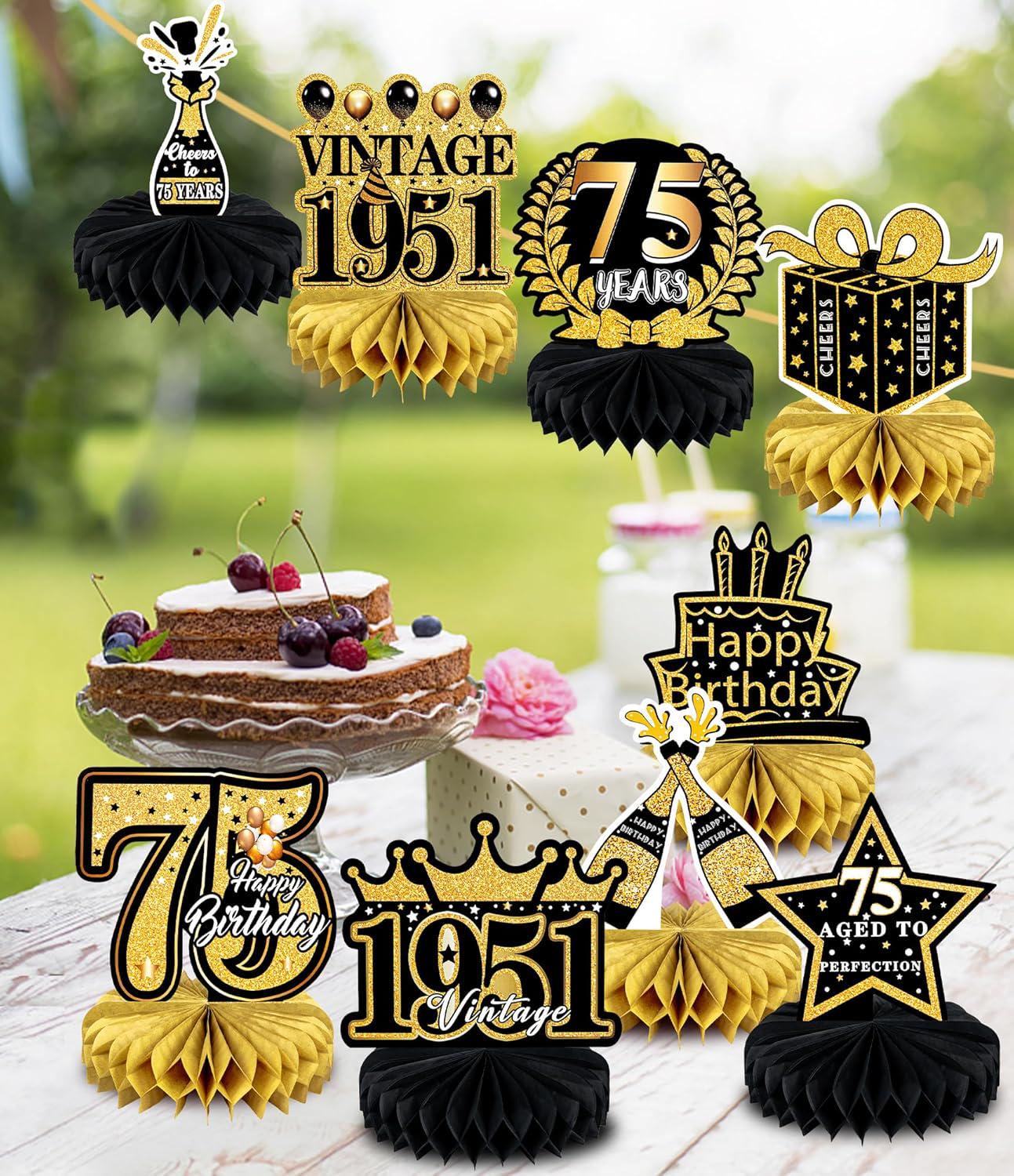 9PCS 75th Birthday Decorations Black Gold Honeycomb Centerpieces Cheers to 1950 Party Supplies