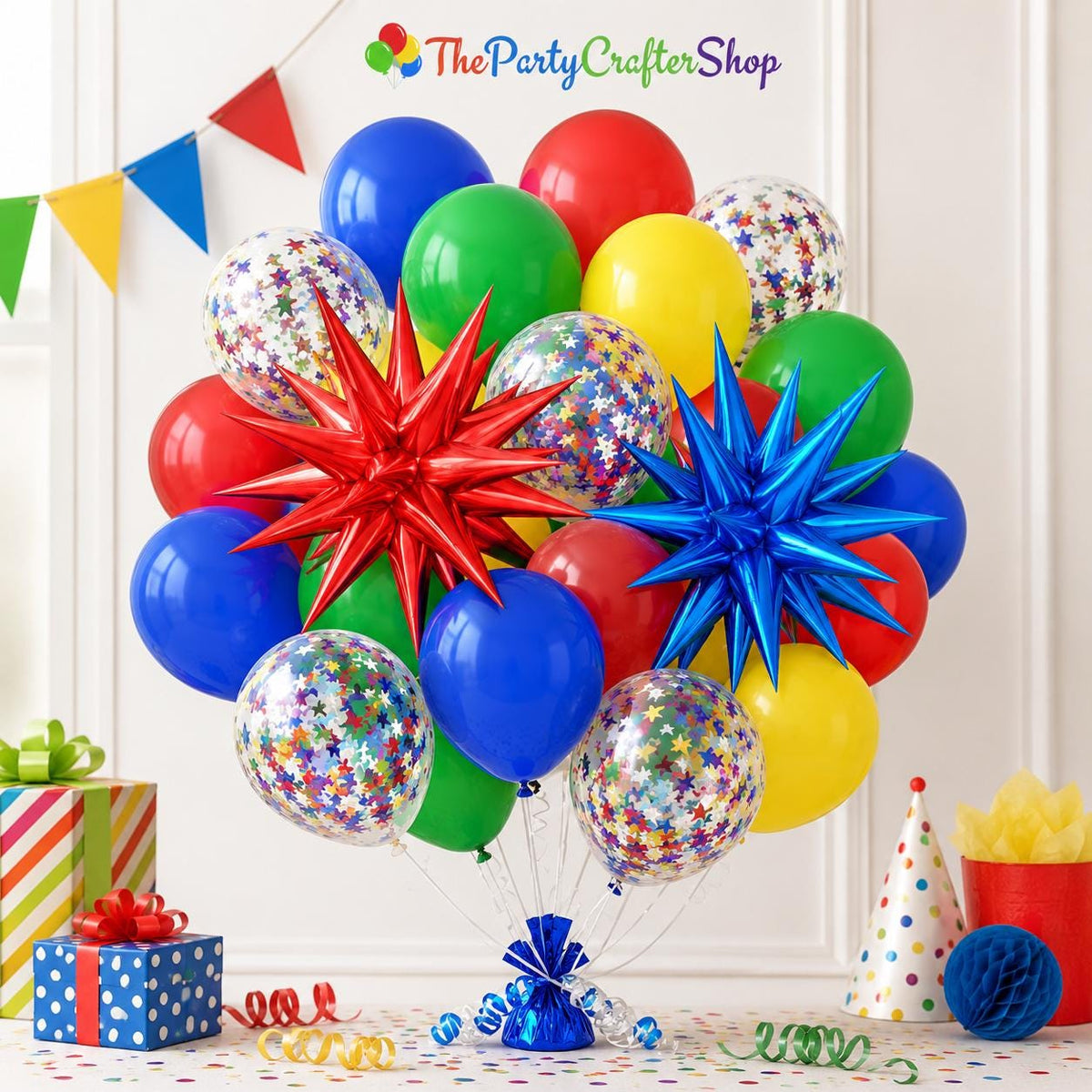 Colorful Balloon Garland Kit: Red, Blue, Yellow, Green Latex, Confetti, Foil Stars