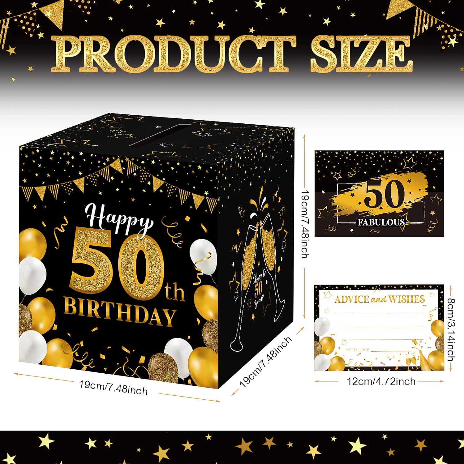 50th Birthday Message Card Box: Black Gold Wishes Advice Holder Party Decoration