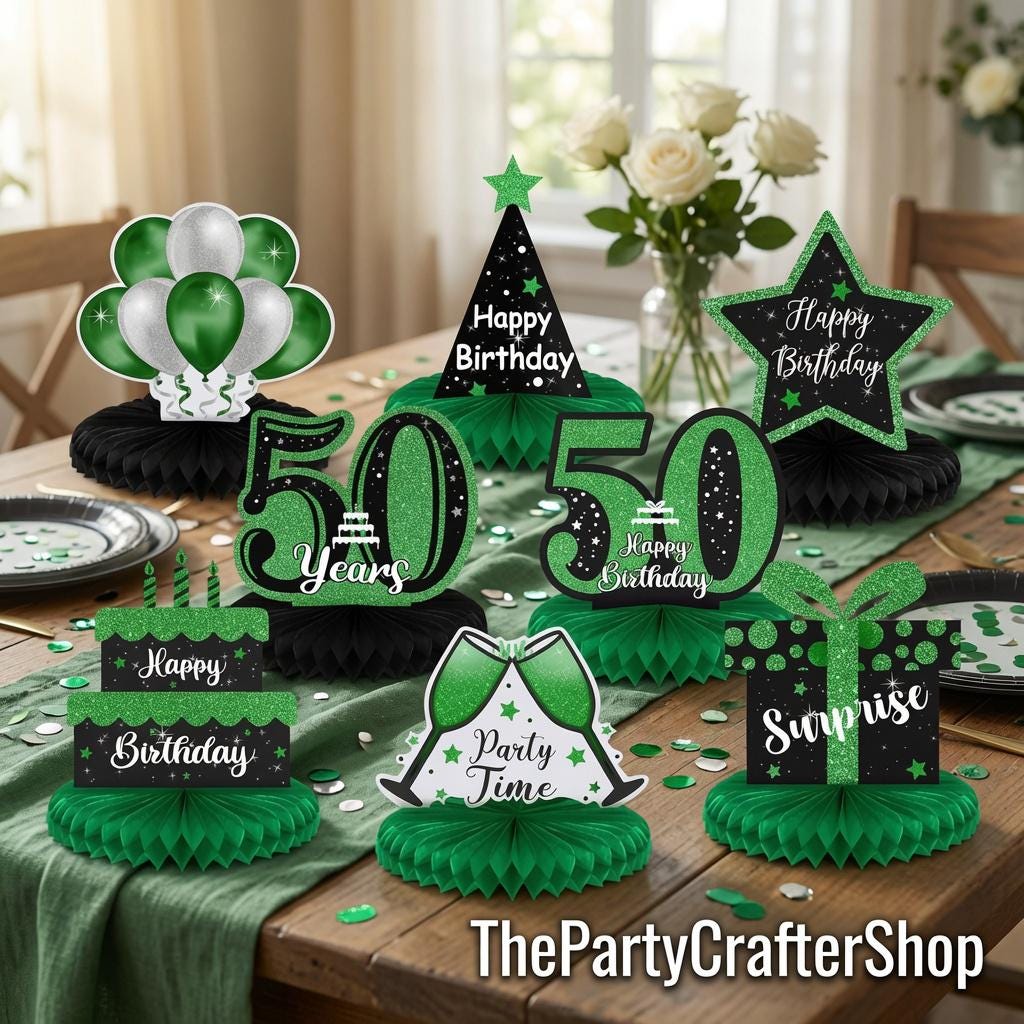 8PCS 50th Birthday Honeycomb Centerpieces Black Green Red Table Decorations Party Supplies
