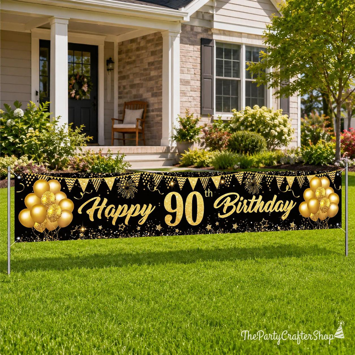 90th Birthday Banner Black Gold Backdrop Decorations Milestone Party Supplies for Men Women
