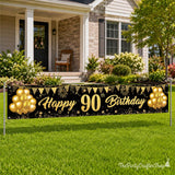 90th Birthday Banner Black Gold Backdrop Decorations Milestone Party Supplies for Men Women