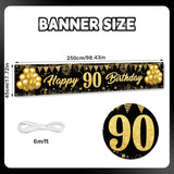 90th Birthday Banner Black Gold Backdrop Decorations Milestone Party Supplies for Men Women