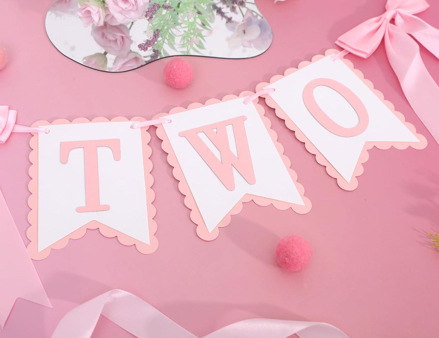 Bow Two 2nd Birthday High Chair Banner Pink Coquette Party Decoration Photo Prop