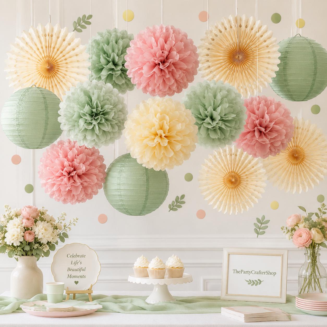 Dusty Pink Sage Green Party Decorations: Pom Poms, Lanterns, Confetti – Baby Shower Wedding Decor