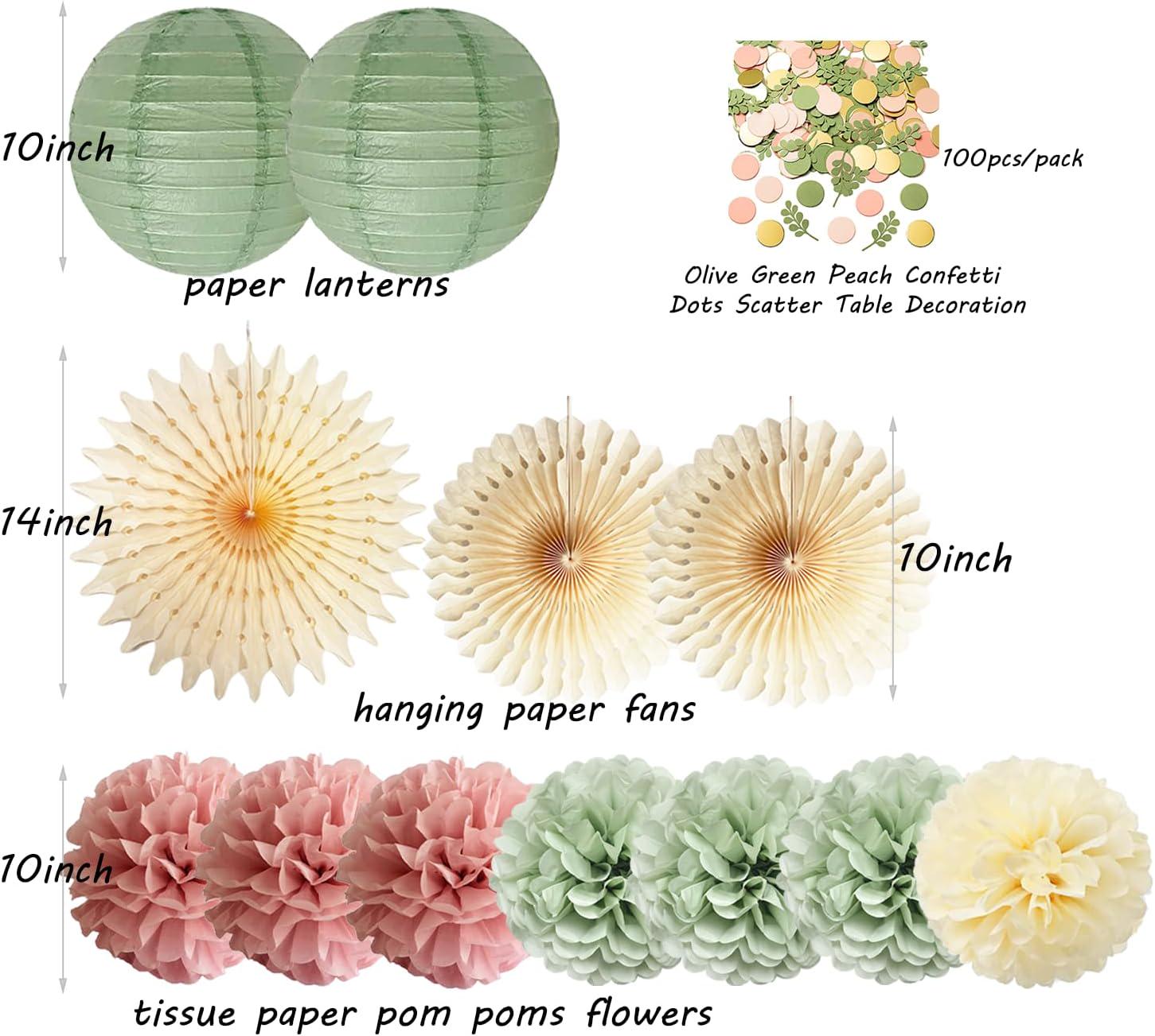 Dusty Pink Sage Green Party Decorations: Pom Poms, Lanterns, Confetti – Baby Shower Wedding Decor