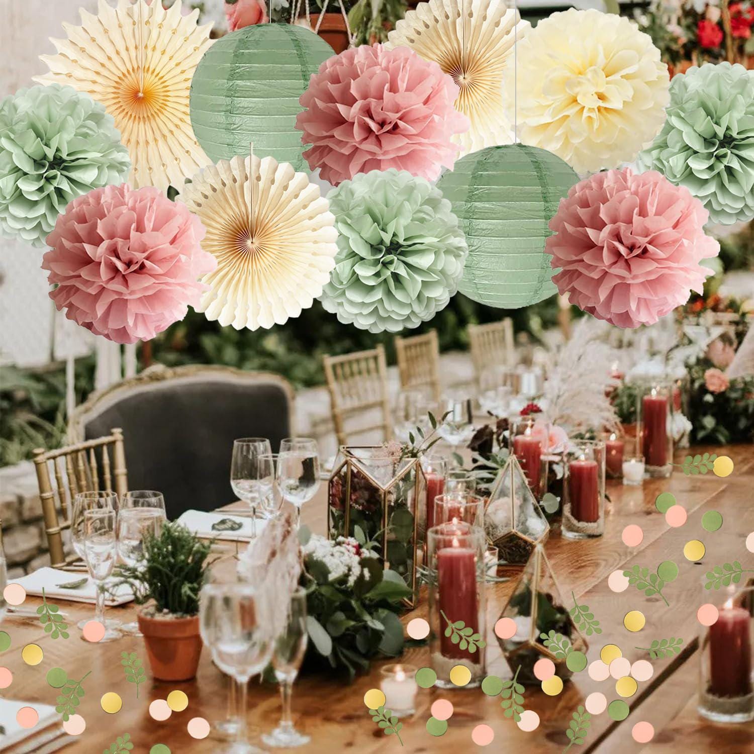 Dusty Pink Sage Green Party Decorations: Pom Poms, Lanterns, Confetti – Baby Shower Wedding Decor