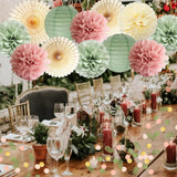 Dusty Pink Sage Green Party Decorations: Pom Poms, Lanterns, Confetti – Baby Shower Wedding Decor